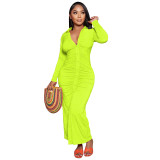 Womens Solid Color Turndown Collar V-Neck Long Sleeve Maxi Dresses