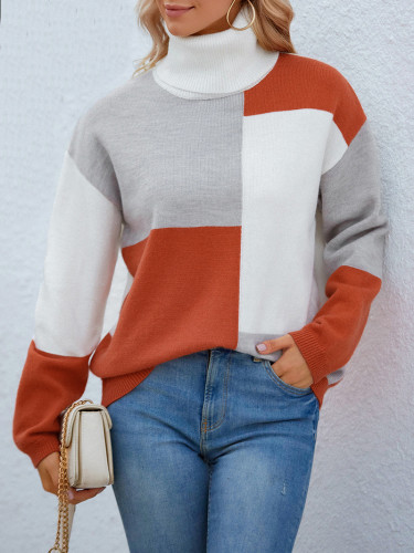 Женский пуловер с отложным воротником контрастного цвета в стиле пэчворк, осень-зима