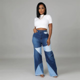Women Colorblock Denim Pants High Waist Jeans