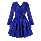 Women'S Shiny Solid Color V-Neck Long Sleeve Nightclub Layer Party Dress