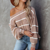 Women'S Autumn And Winter Off Shoulder Striped Knitting Shirt Sexy Lantern Sleeve Sweater