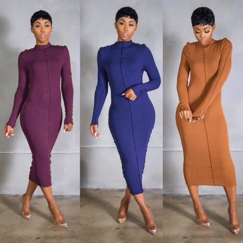 Automne femmes couleur unie à manches longues Stretch Slim robe longue