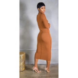 Fall Women Solid Color Long Sleeve Stretch Slim Long Dress
