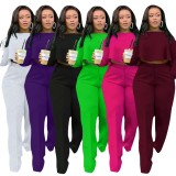 Women'S Autumn And Winter Solid Color Hollow Long-Sleeved High-Waisted Wide-Leg Pants Two-Piece Set