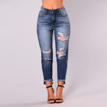 Damen-Herbstmode zerrissene neunte Denim-Hosen Stilvolle Jeans mit hoher Taille