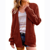 Women Autumn And Winter Lantern Sleeve Solid Color Pocket Knitting Shirt Sweater Cardigan