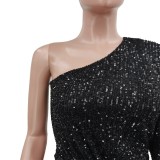 Solid Sequin Slash Shoulder Sexy Women'S Irrgular Party Dress