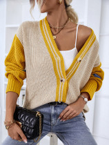 Contrast Color Striped Knitting Shirt Autumn And Winter Single Breasted Sweater Women'S Cardigan Coat