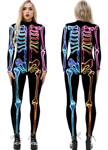 Tuta aderente a maniche lunghe da donna con stampa digitale scheletro in 3D