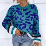 Women Fall/Winter Round Neck Pullover Knitting Shirt Contrast Color Leopard Print Sweater