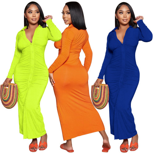 Womens Solid Color Turndown Collar V-Neck Long Sleeve Maxi Dresses