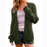 Women Autumn And Winter Lantern Sleeve Solid Color Pocket Knitting Shirt Sweater Cardigan