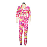 Spring/Summer Knotted Crop Print Turndown Collar Shirt Pants Suit Fall/Winter Women'S Two Piece Set