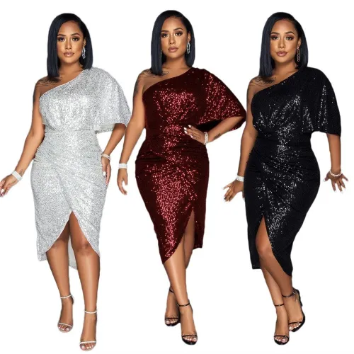 Solid Sequin Slash Shoulder Sexy Women'S Irrgular Party Dress