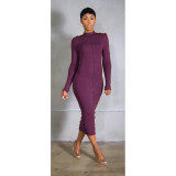 Fall Women Solid Color Long Sleeve Stretch Slim Long Dress