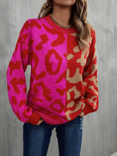 Herbst/Winter Pullover Leopardenmuster Patchwork gemischter Strickpullover Pullover