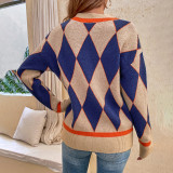 Women's Fall/Winter Round Neck Knitting Shirt with Contrast Color Diamond Pullover