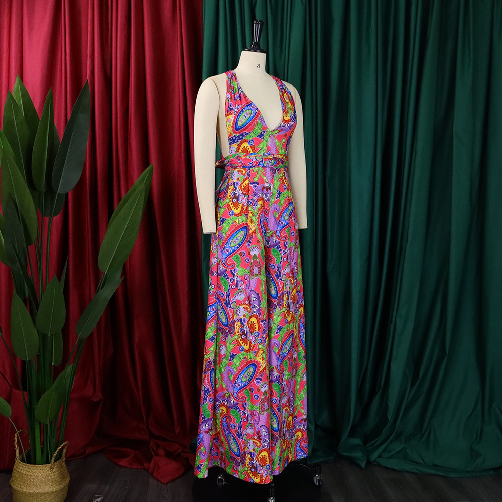 Wholesale Plus Size Women African Print Halter Neck Beach Jumpsuit