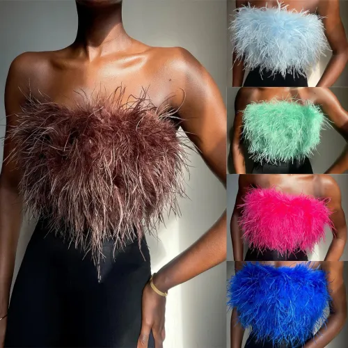 Spring/Summer Fashion Fluffy Multicolor Furry Strapless Top