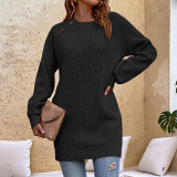 Solid color button knitting dress women's autumn and winter lantern sleeve sweater women