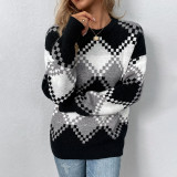 Fall/Winter Diamond Knitting Shirt Contrast Round Neck Sweater Top