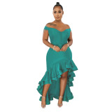 Women's v-neck ruffled fishtail dress solid color dress