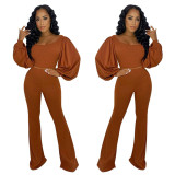 Women Solid Color U-Neck Balloon Sleeve Top+ Bell Bottom Pants Casual Two-Piece Set
