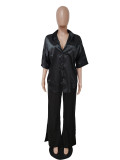 Women satin loose Casual half sleeve shirt + trousers two-piece set