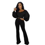 Women Solid Color U-Neck Balloon Sleeve Top+ Bell Bottom Pants Casual Two-Piece Set