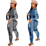 Women Casual Pocket Print Long Sleeve Top+ Pants Two Piece Set