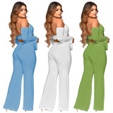 Women Sexy Cut Out With Ruffled Sleeve Top+ Wide Leg Pants Two Piece