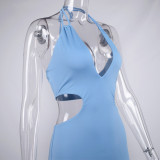 Women Summer V-Neck Tie Cutout Halter Neck Dress