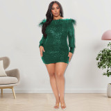 Plus Size Women Fall Long Sleeve Sequin Bodycon Dress