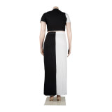 Plus Size Women Black and White Colorblock Short Sleeve Top+Skirt Two-piece Set