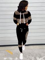 Autumn and Winter Women Leopard Print Patchwork High Neck Long Sleeve Top + Trousers Two-piece Set