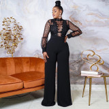 Women Turtleneck Sequined Lace See-Through Long Sleeve Loose Jumpsuit