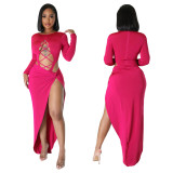 Women Solid Color Sexy Hollow Long Sleeve Bodysuit + Slit Skirt Two-piece Set