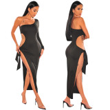 Fall Women Sexy Oblique One Shoulder Cutout Long Sleeve Lace-Up Dress