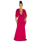 Women Solid Color V-Neck Fringe Sleeveless Long Dress