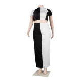 Plus Size Women Black and White Colorblock Short Sleeve Top+Skirt Two-piece Set