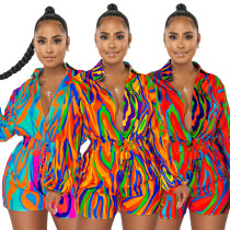 WomenCasual Print Turndown-Kragen-Langarm-Overall