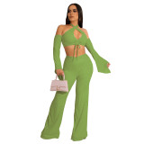 Women Sexy Cut Out With Ruffled Sleeve Top+ Wide Leg Pants Two Piece
