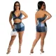 Women Large Plaid Sling Sleeveless Top Shorts Two-Piece Set