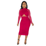 Women Mesh Long Sleeve Solid Cut Out Bodycon Dress