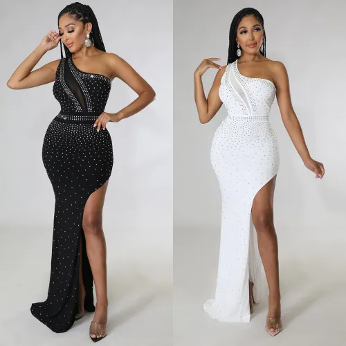 Summer Women'S Sexy One Shoulder Rhinestone Beaded Nightclub Long Dress