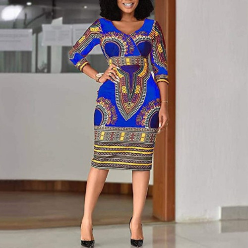 Африканский принт с V-образным вырезом, облегающее платье, модное женское этническое платье
