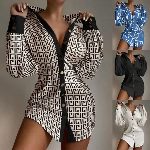 Fall Fashion Print Slim Waist Button Blouse Long Sleeve Shirt