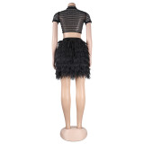 Sexy Slim See Through Rhinestone Beaded Cropped Two-Piece Nightclub Skirt Set