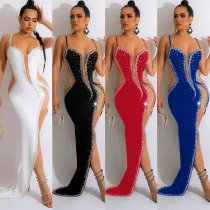 Sexy Straps Rhinestone Beaded Irregular Eveing Dress