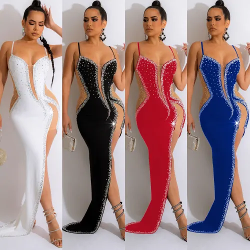 Sexy Straps Rhinestone Beaded Irregular Eveing Dress